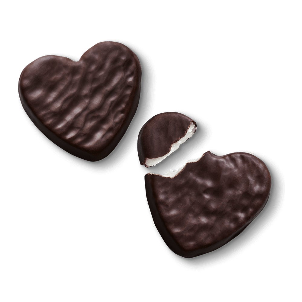 pair of unwrapped york dark chocolate peppermint pattie hearts