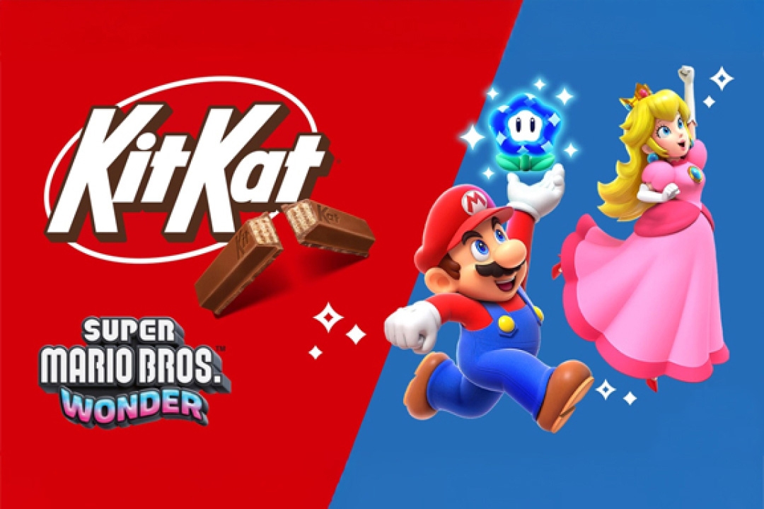 promotional graphic featuring super mario wonder and kit kat candy bars