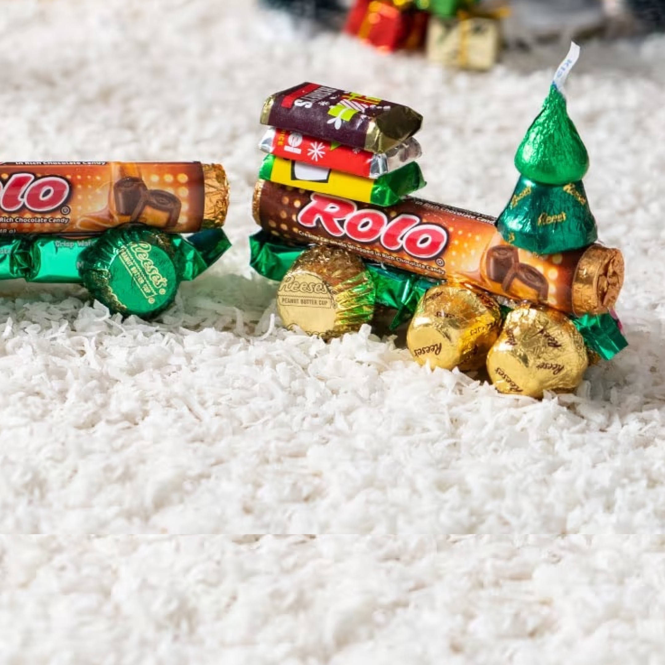 holiday trains made out of rolo creamy caramels and other hershey chocolate candies