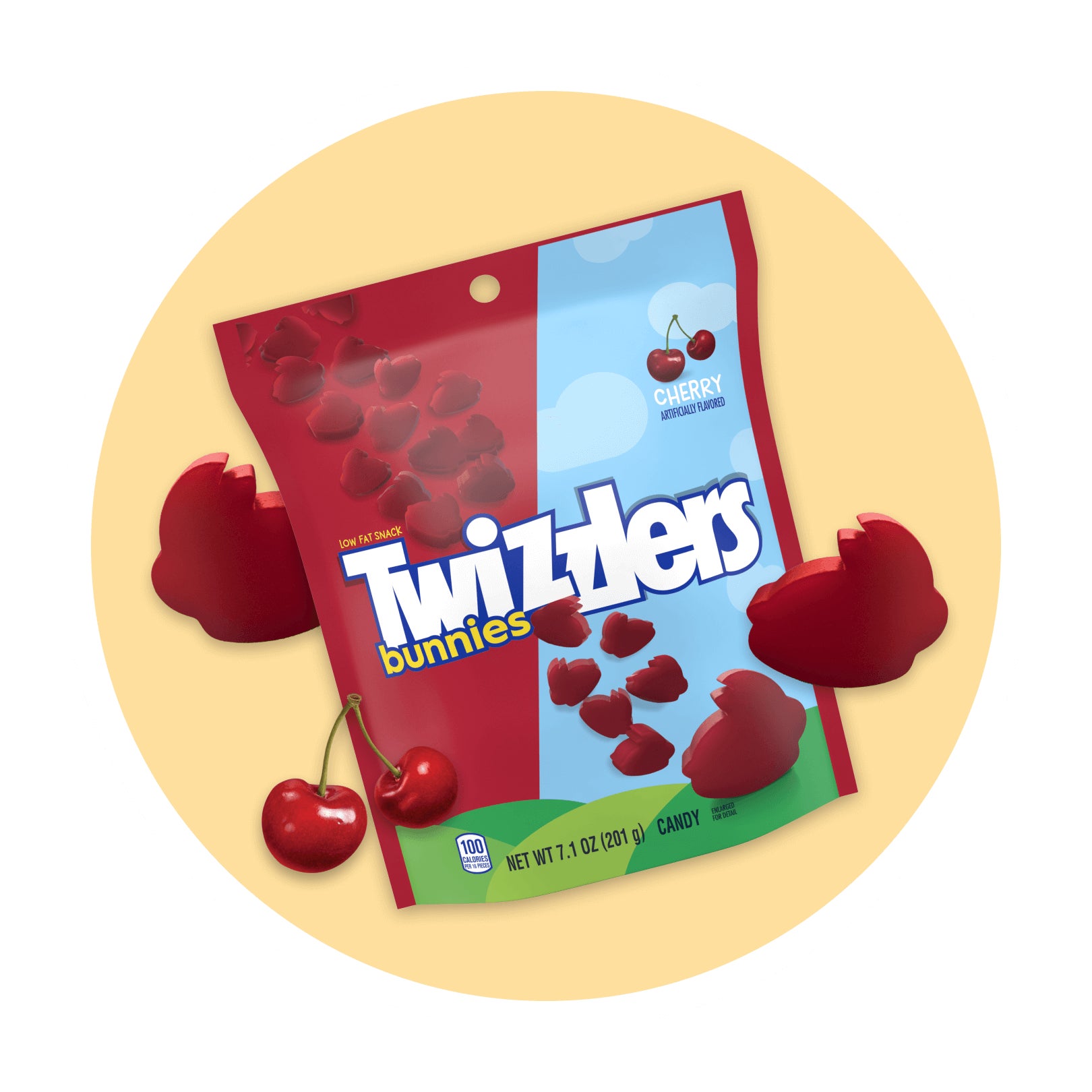 bag of twizzlers cherry bunnies surrounded by unwrapped candy pieces and cherries