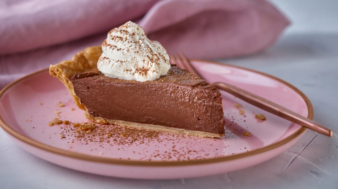 plated slice of chocolate pie